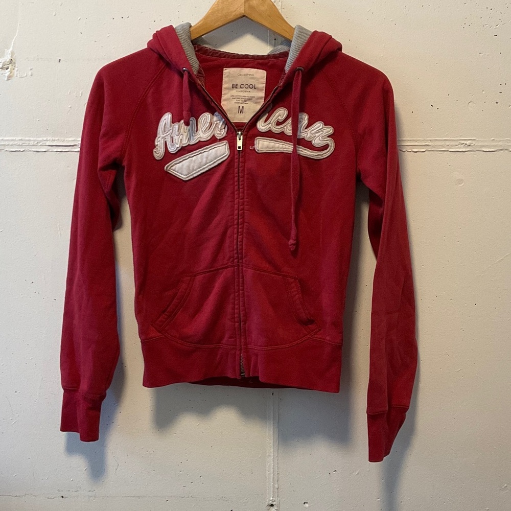 Red, Front Pockets “American” Zip-Up, Draw-String Hoodie